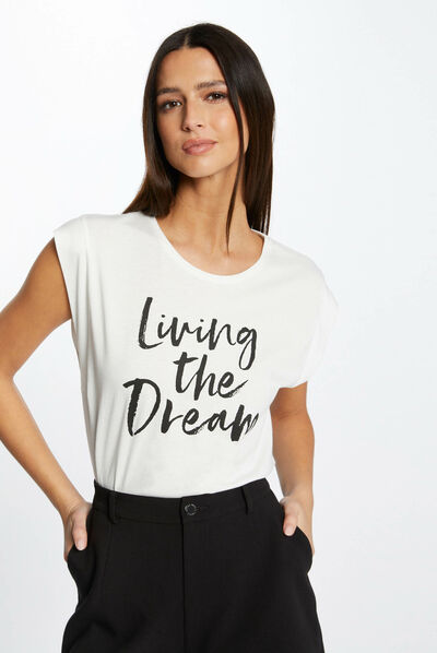 T-shirt manches courtes à inscription ecru femme
