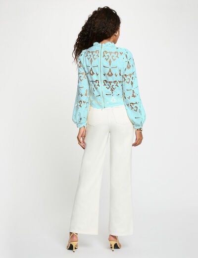Blouse broderie col montant bleu ciel femme