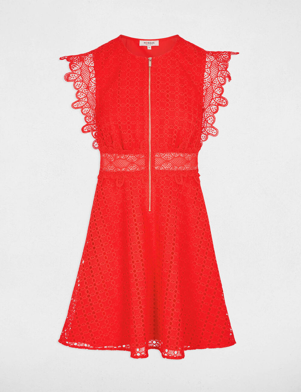 Robe courte &eacute;vas&eacute;e dentelle rouge vif femme