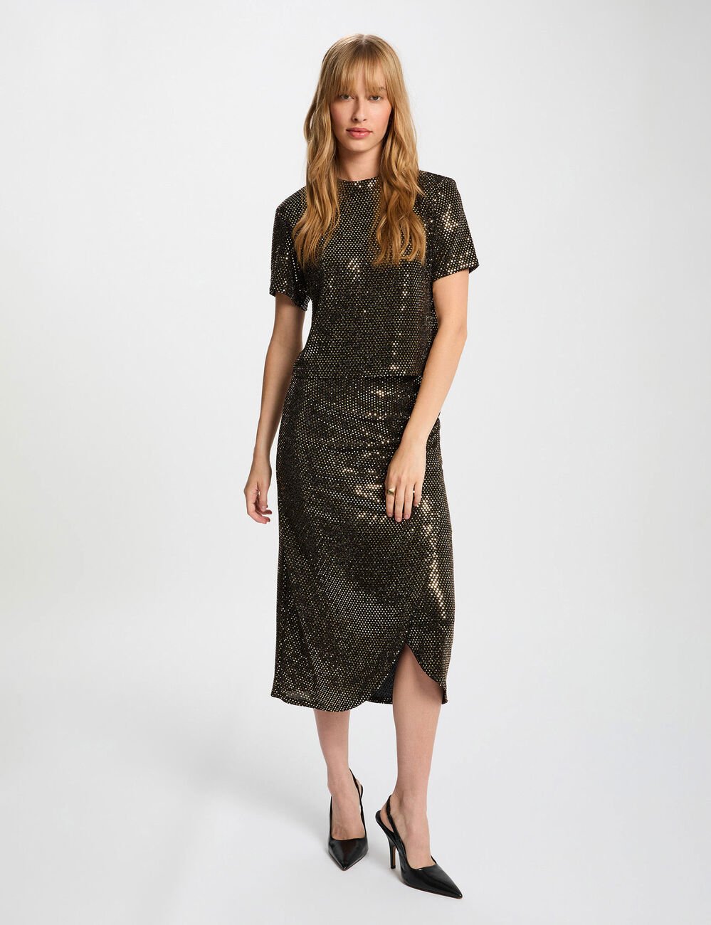 T-shirt met pailletten en hoge kraag goudgeel vrouw