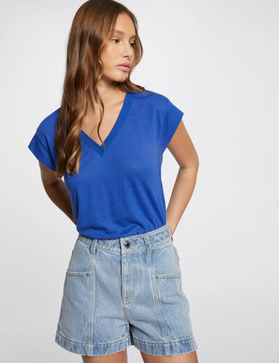 T-shirt manches courtes à col en V bleu electrique femme
