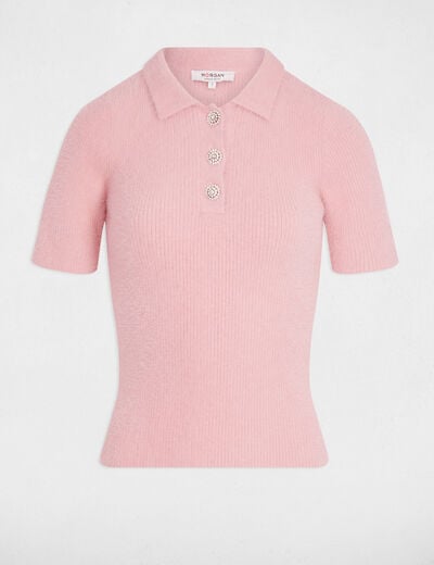 Pull court col à revers rose femme