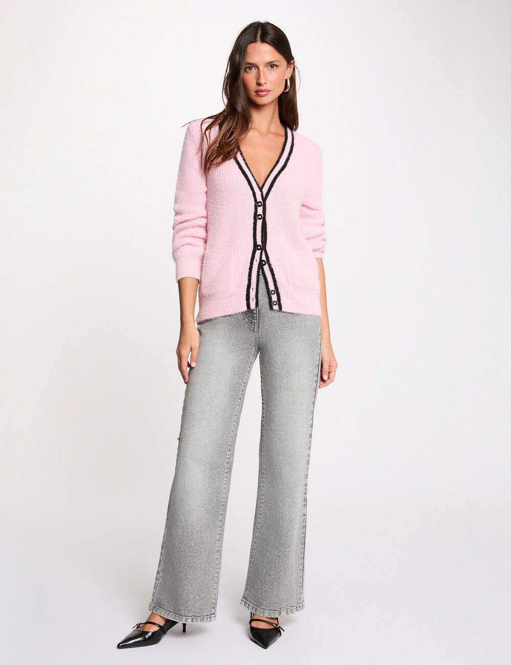 Gilet droit col v rose femme