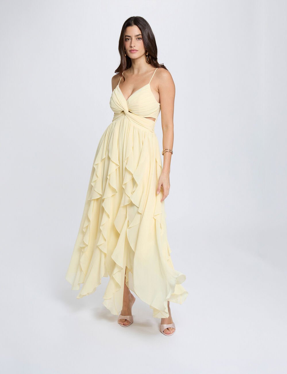 Lange jurk met V-hals pastel geel vrouw