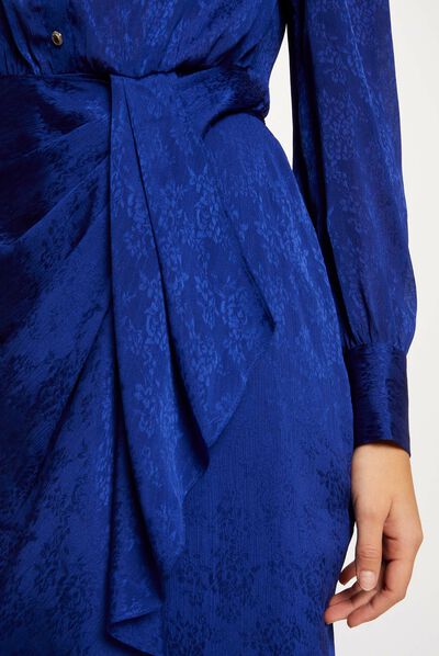 Robe droite drapée satinée imprimée bleu electrique femme