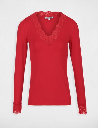 T-shirt manches longues avec dentelle rouge femme