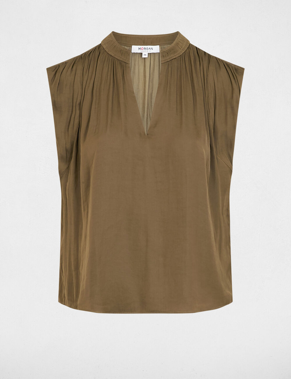 Blouse manches courtes satin vert kaki femme