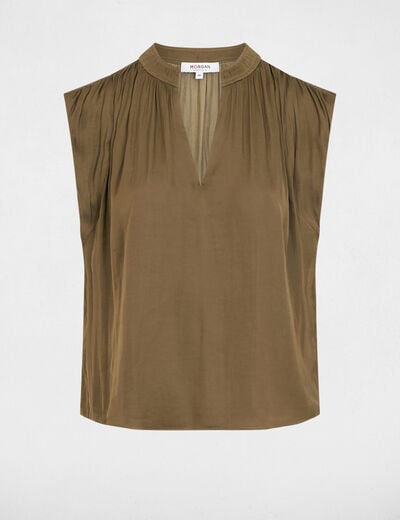 Blouse manches courtes satin vert kaki femme