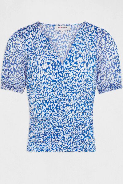 T-shirt met korte mouwen abstracte print blauw vrouw