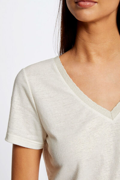 T-shirt met korte mouwen en V-hals ecru vrouw