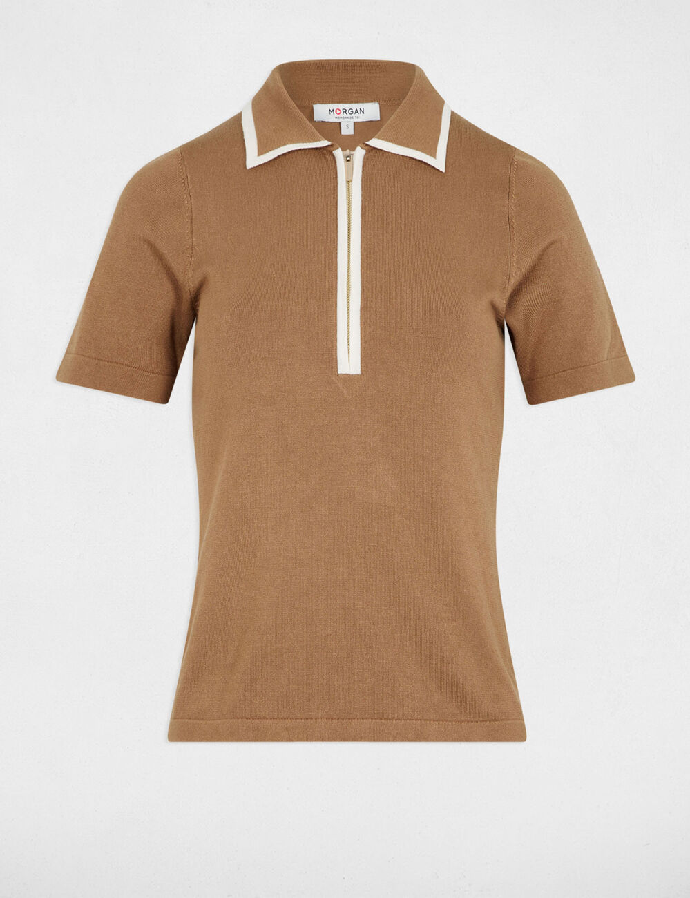 Pull col polo zippé sable femme