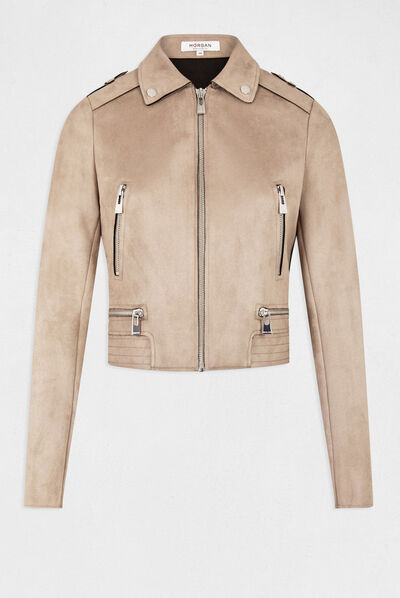 Suede-achtige rechte jas licht beige vrouw