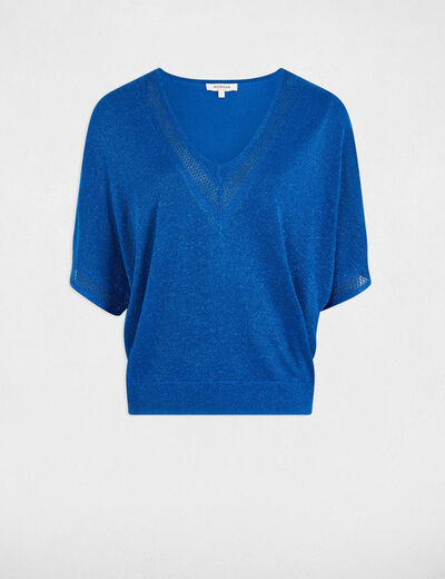 Pull col en V manches courtes bleu electrique femme