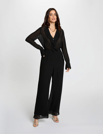 Vloeiende jumpsuit met reverskraag zwart vrouw