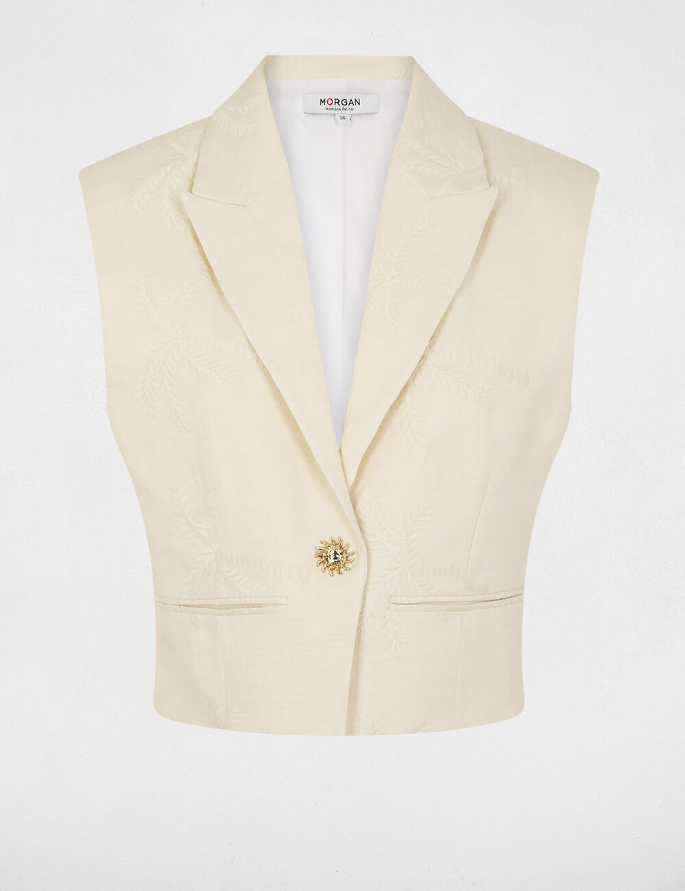 Veste sans manches brod&eacute;e creme femme