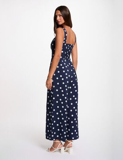 Combinaison fluide &agrave; pois bleu marine femme
