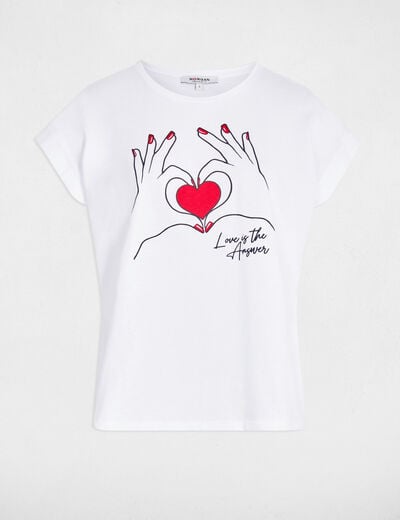 Kort T-shirt met opdruk helder wit vrouw