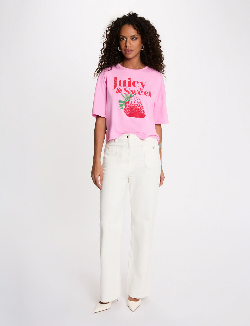 T-shirt cropped imprim&eacute; rose femme