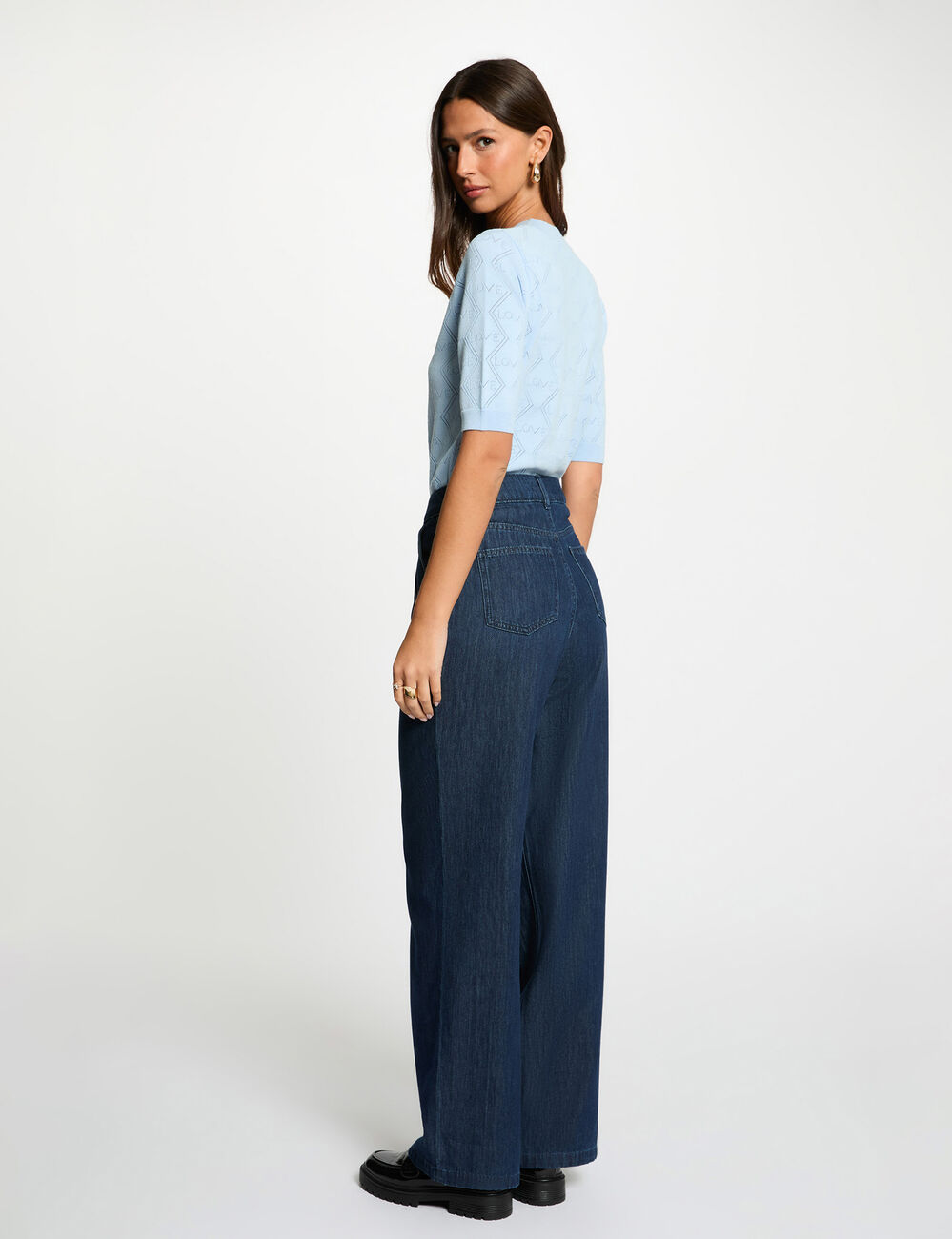 Pull ajour&eacute; manches 3/4 bleu ciel femme