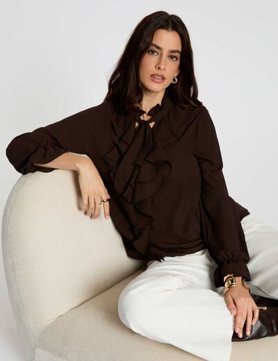 Blouse ajustée col v marron foncé femme