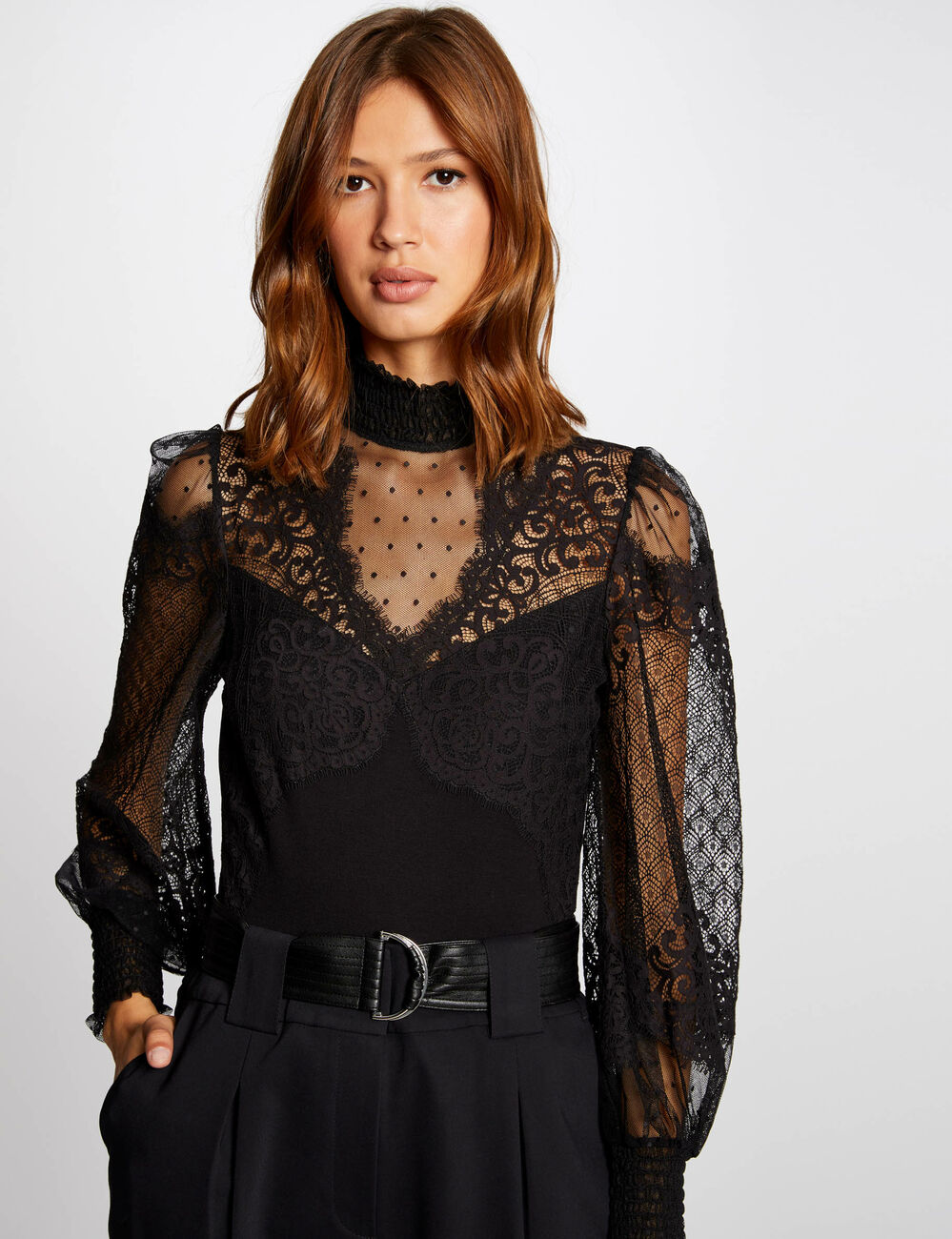 Body manches longues &agrave; dentelle noir femme