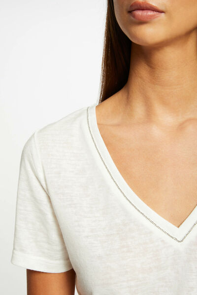 T-shirt met V-hals en korte mouwen ecru vrouw