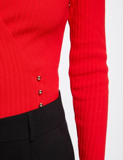 Pull manches longues col cache-coeur rouge femme