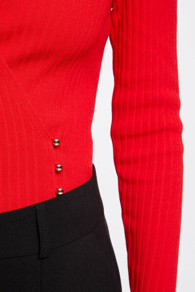 Pull manches longues col cache-coeur rouge femme