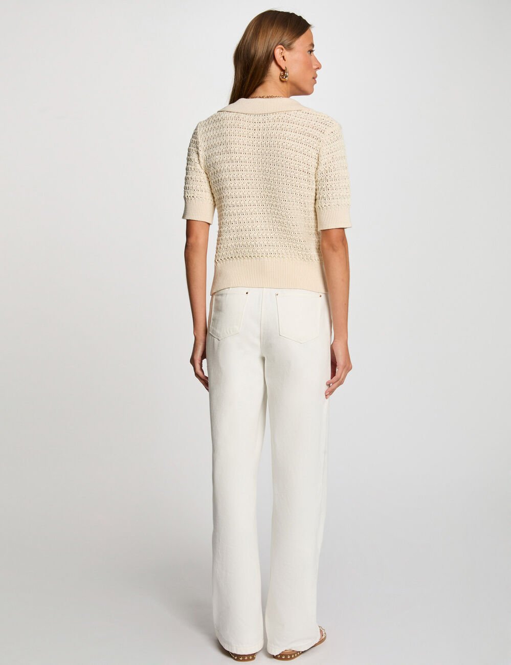 Pull col polo manches courtes ecru femme
