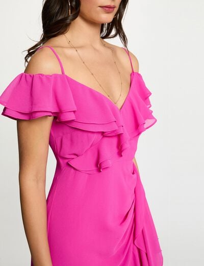 Robe midi droite volants rose framboise femme