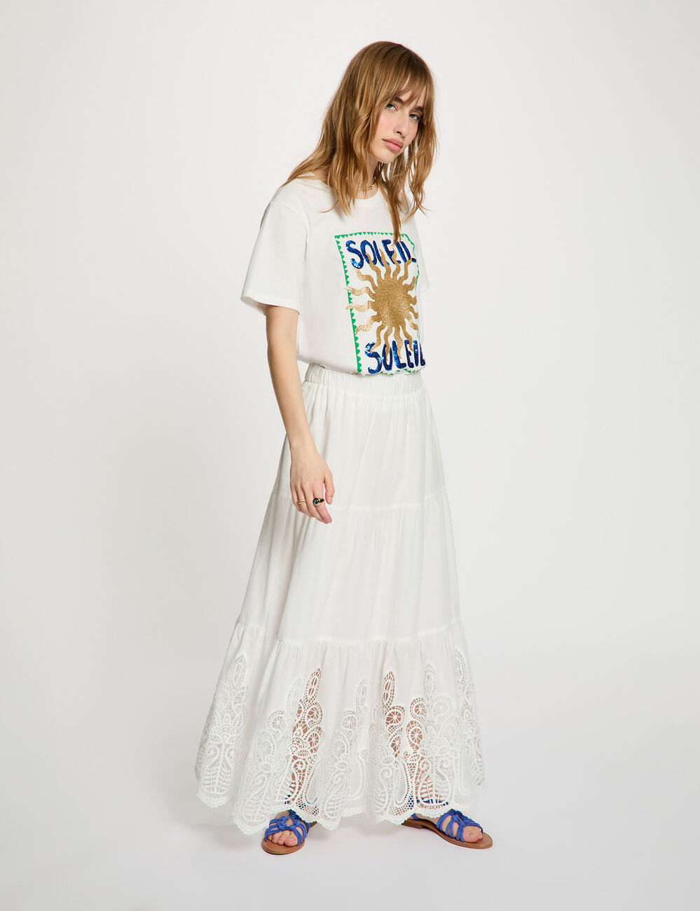 T-shirt col rond &agrave; motif blanc femme