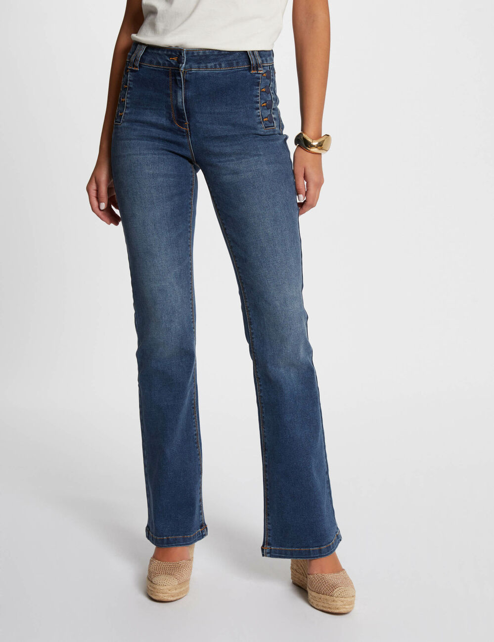 Flare jeans met overslag stone washed denim vrouw