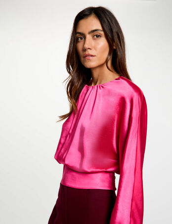 Satijnen blouse met lange mouwen felroze vrouw