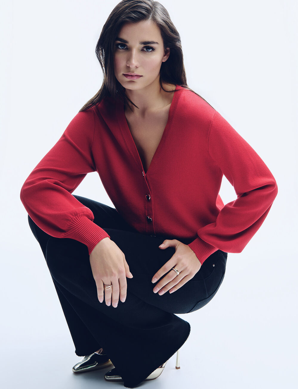 Getailleerd vest met V-hals rood vrouw