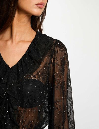 kant t shirt met v hals zwart vrouw Kant T-shirt met V-hals zwart vrouw