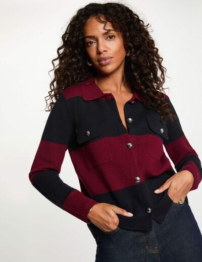 Pull col revers ray&eacute; bordeaux femme