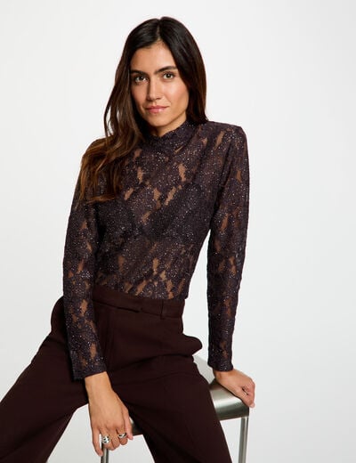 Kant T-shirt met opengewerkt patroon donker bruin vrouw