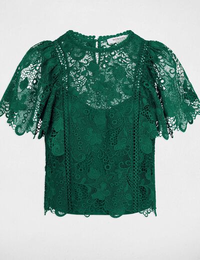 Top dentelle col rond vert femme