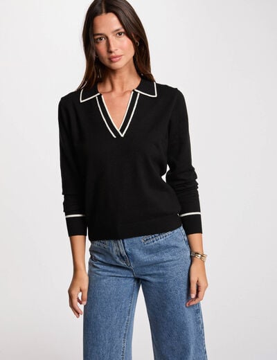 Pull col polo noir femme