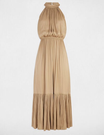Robe longue évasée fluide beige femme