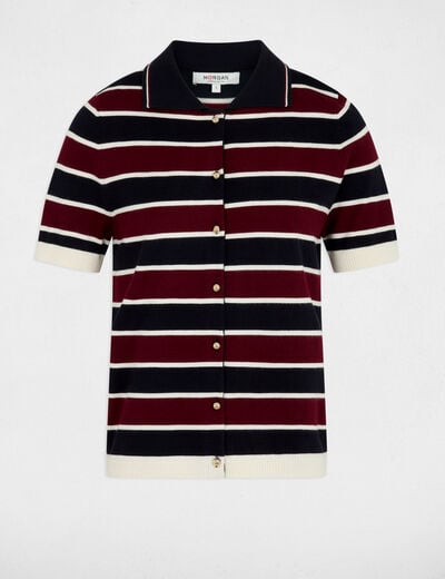 Pull col polo ray&eacute; bordeaux femme