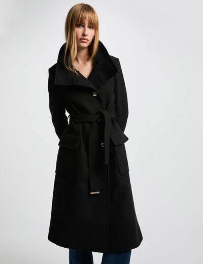 Manteau long ceintur&eacute; noir femme