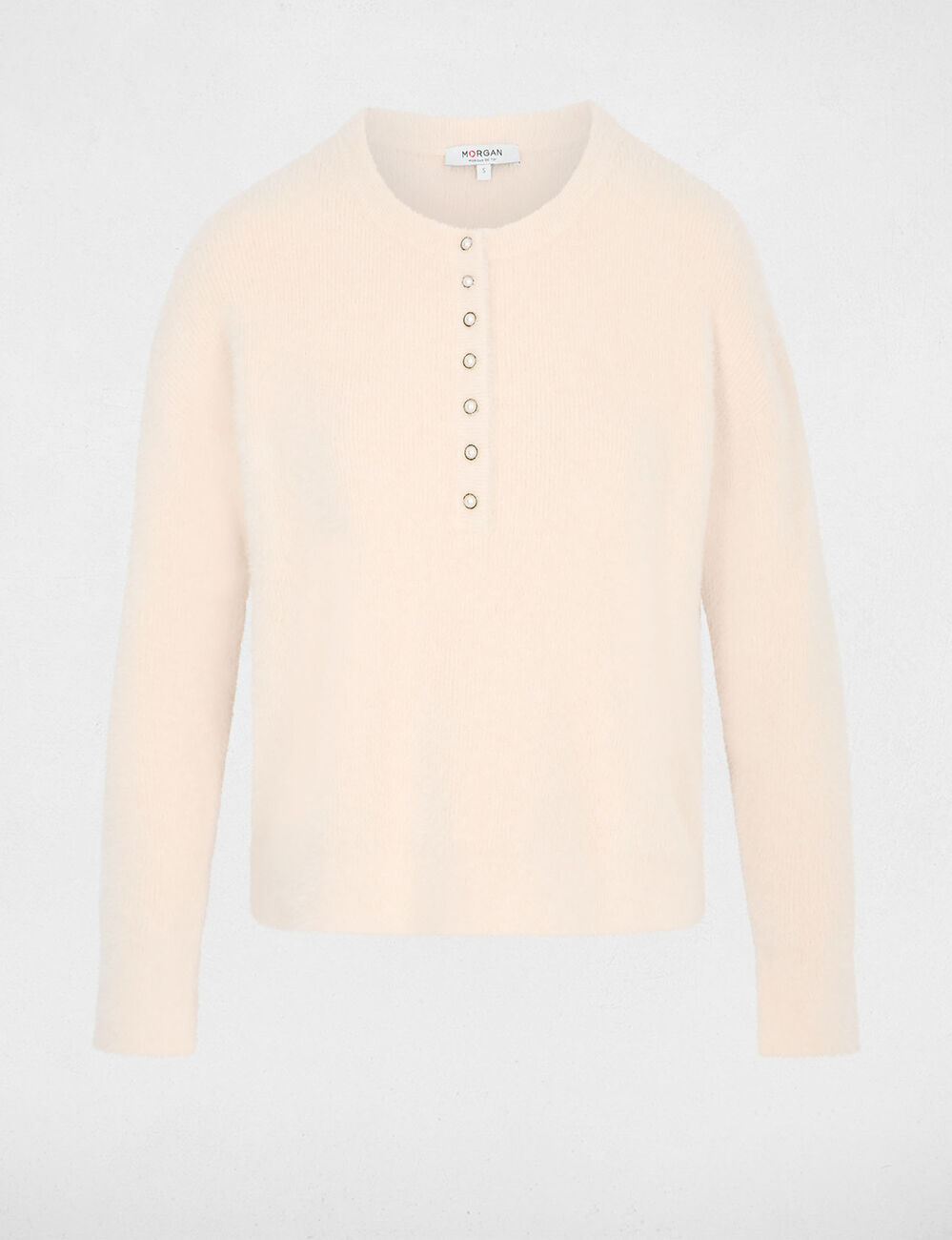 Pull col rond &agrave; boutons beige femme