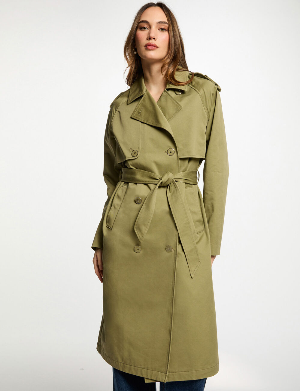 Lange trenchcoat met riem zand vrouw