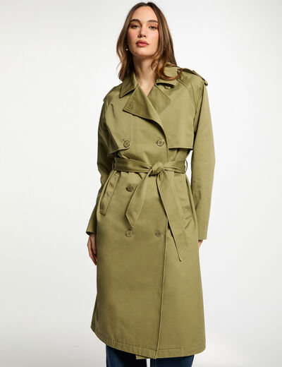 Lange trenchcoat met riem zand vrouw
