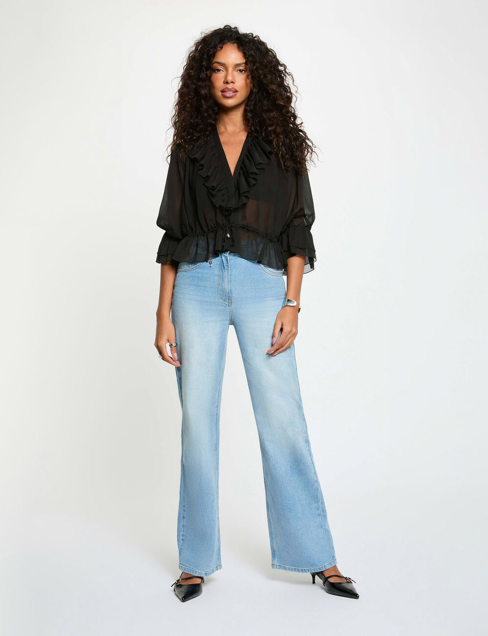 Blouse van voile met V-hals zwart vrouw