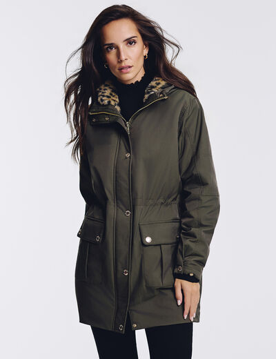 Parka longue fausse fourrure vert kaki femme