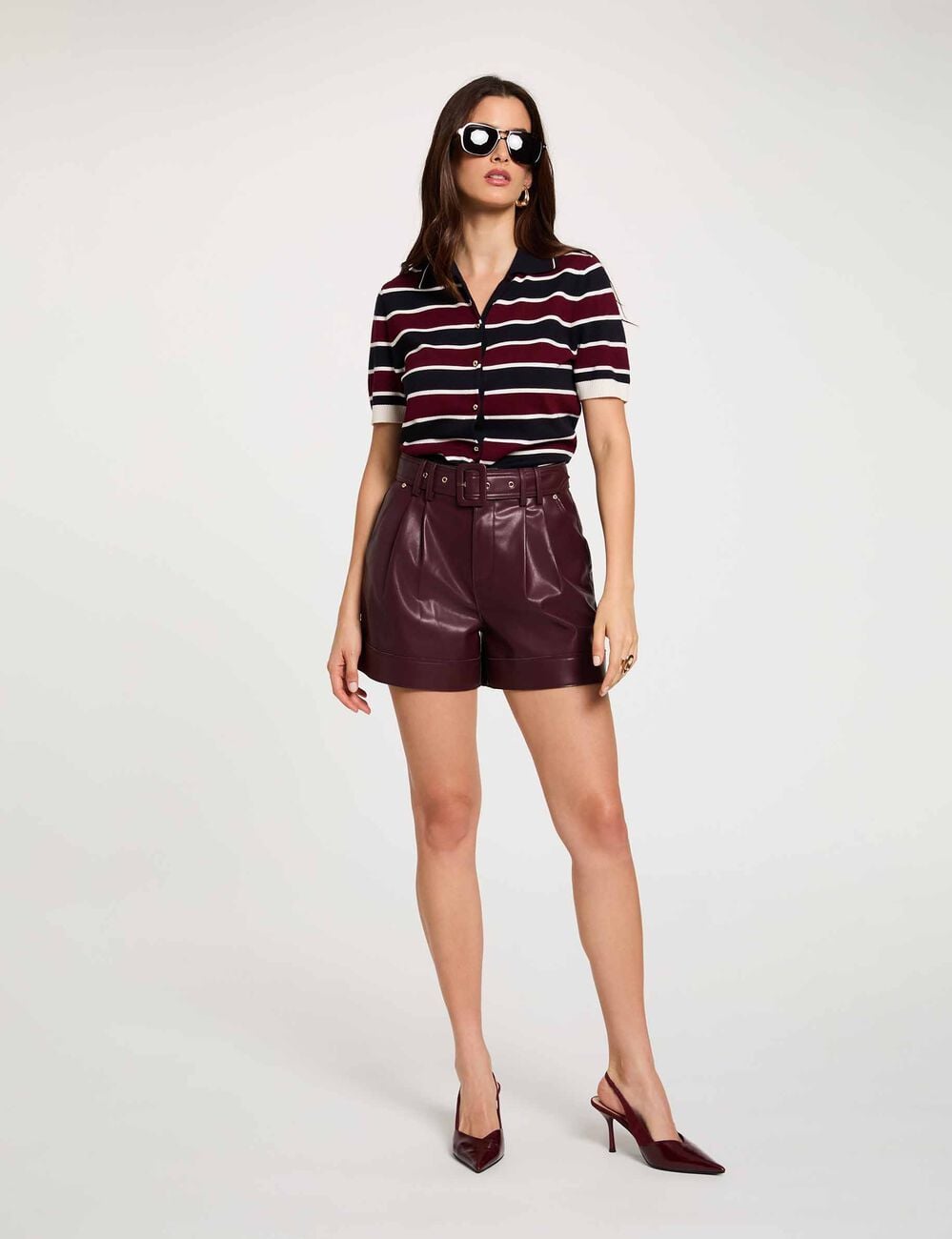 Pull col polo ray&eacute; bordeaux femme