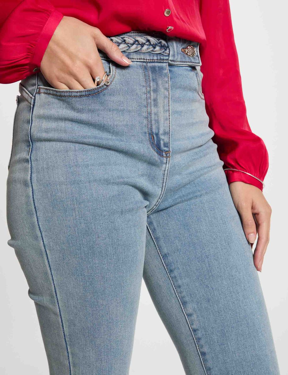 Rechte jeans met gevlochten details gebleekt denim vrouw