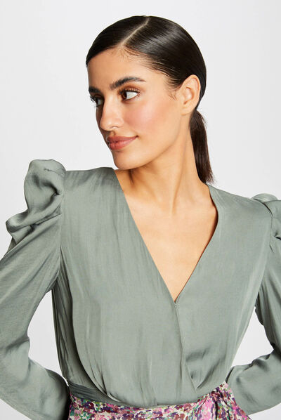 Blouse manches longues col cache-coeur vert moyen femme